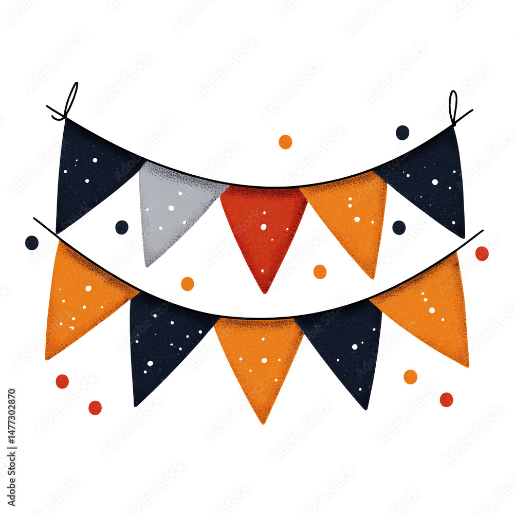 Poster halloween party bunting with orange, black, and gray triangular flags on a transparent background. s