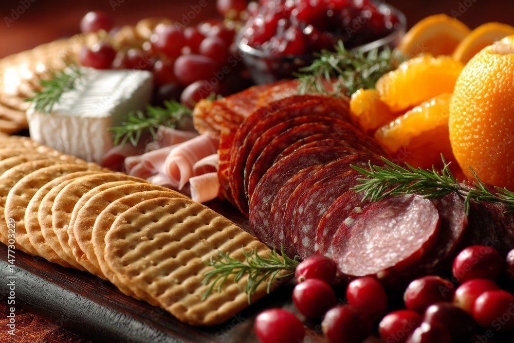 Poster cheese and charcuterie platter with fruits and crackers displayed at a festive gathering