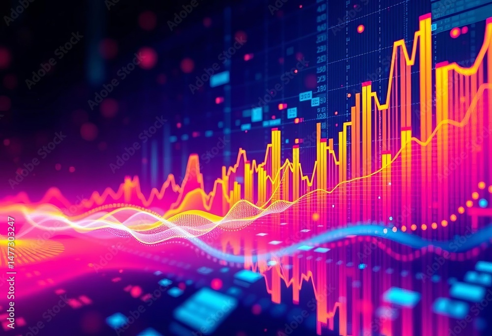 Poster abstract financial data visualized as a warm and cool digital spectrum with copy space, design, abst