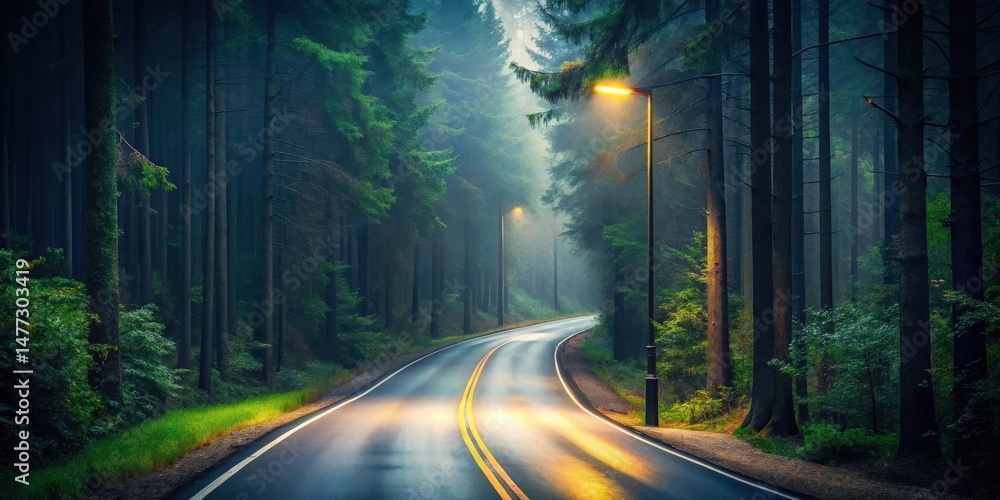 Poster serene winding road through a misty forest at dusk with illuminated pathway