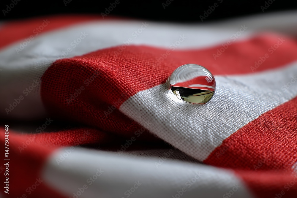 Poster droplet resting on red and white fabric captures reflection of its surroundings
