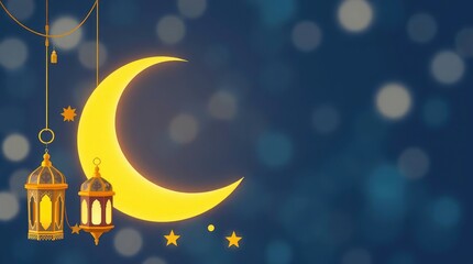 A crescent moon glows brightly beside ornate lanterns, creating a serene night scene with stars.