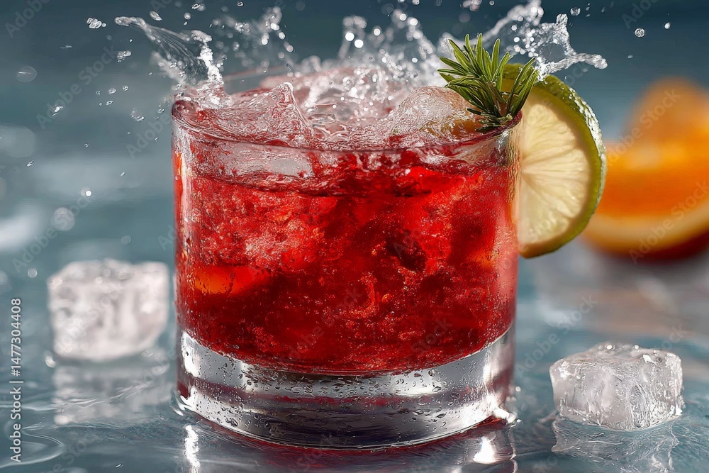 Poster refreshing cocktail with splashes and garnishes served on a stylish countertop