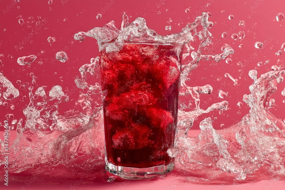 Poster vibrant raspberry drink splashes water in a refreshing summer scene on a pink background