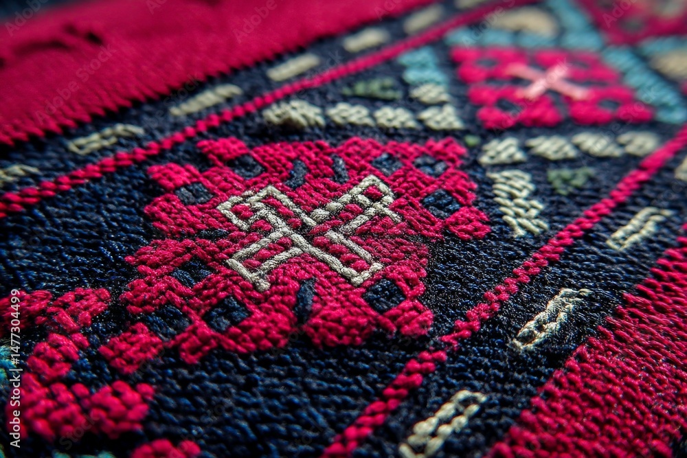 Poster detailed texture of colorful textile featuring intricate patterns and designs from artisan craftsman