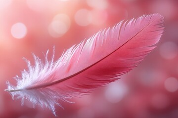 Naklejka premium Flamingo feather in soft pink tones, gently curved and floating, romantic ambiance, floating in air, soft ambient style, natural light, symbolic feather set, macro texture
