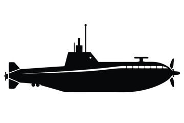 Black silhouette of a submarine with propellers and antenna extending upwards above
