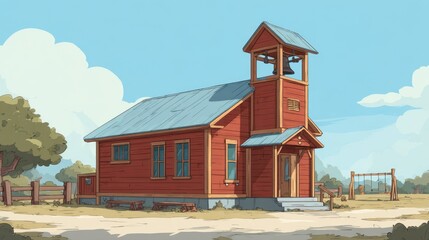 A quaint, red wooden schoolhouse with a bell tower sits on a sunny day, near a playground and a fence.  Simple, rural charm