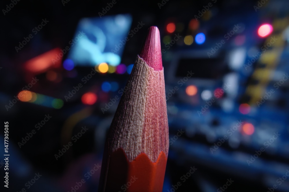 Poster colored pencil in foreground with blurred electronic equipment and lights in the background during a