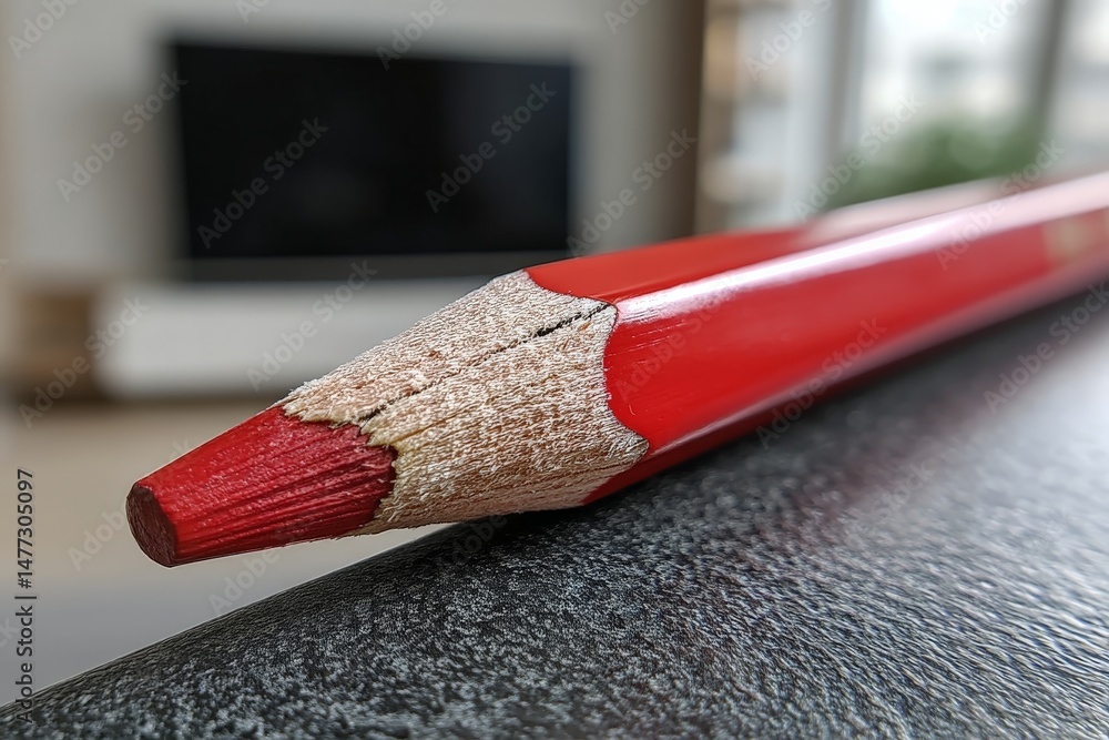 Poster Close-up view of a sharpened red pencil resting on a dark tabletop in a modern living room setting