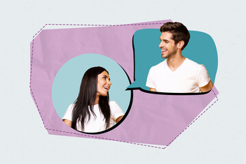 3d image sketch art full zine photo collage of happy girl guy stand bubble communication chat...