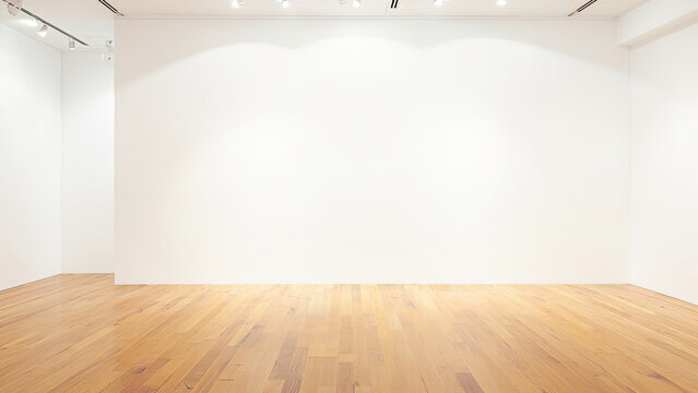 Bright modern gallery or exhibition space with white walls and wooden flooring