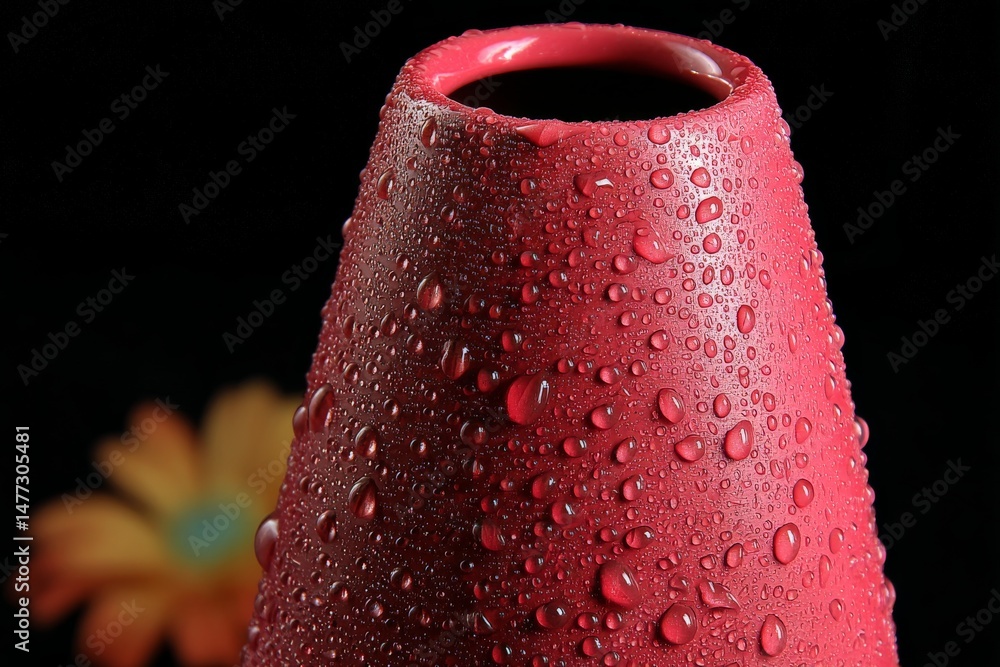 Poster red vase covered in droplets with a blurred flower background in a dark setting