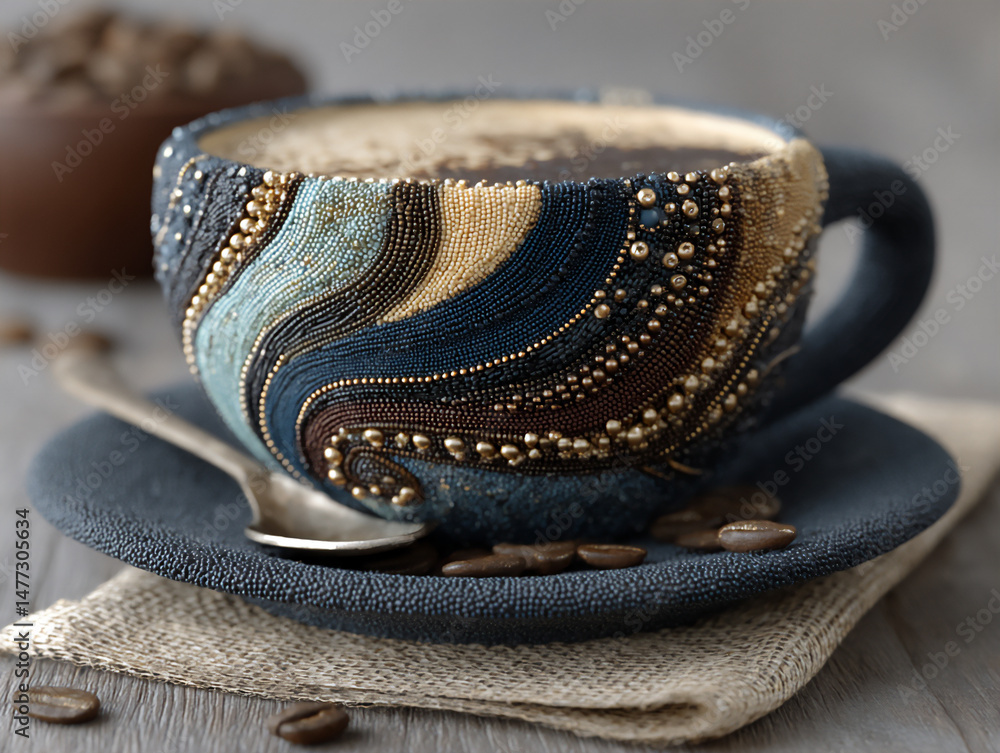 Aufkleber a close-up 3d rendering of a luxurious cup of coffee on a wooden textured table. the coffee is in a 