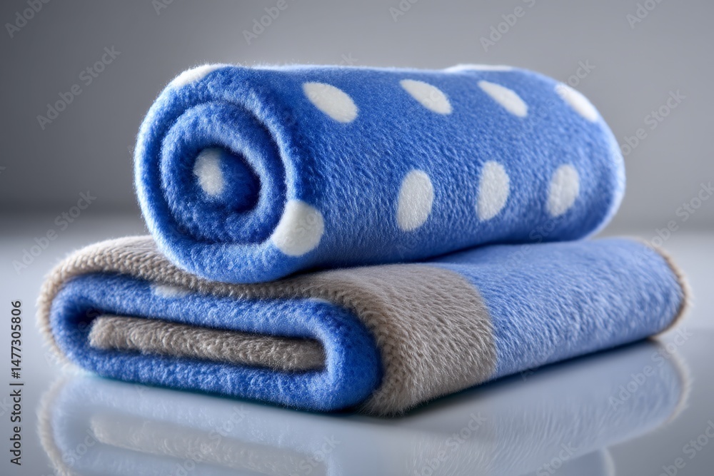Aufkleber soft blue blankets with polka dots and a plush texture displayed on a reflective surface in a cozy s