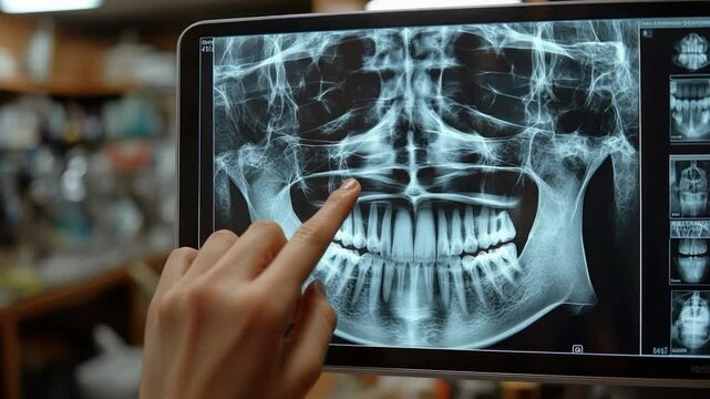 A dental professional's hand gestures towards a panoramic X-ray of teeth, offering a captivating exploration into the intricate world of dental health and diagnostic technology.