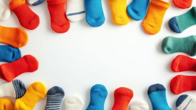 Colorful pattern of socks arranged in a circle on a white background