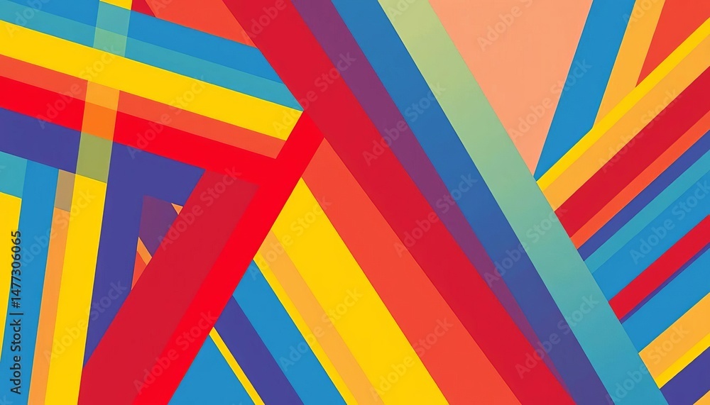 Poster abstract geometric background with diagonal blue, yellow, and red lines forming triangles; ample cop
