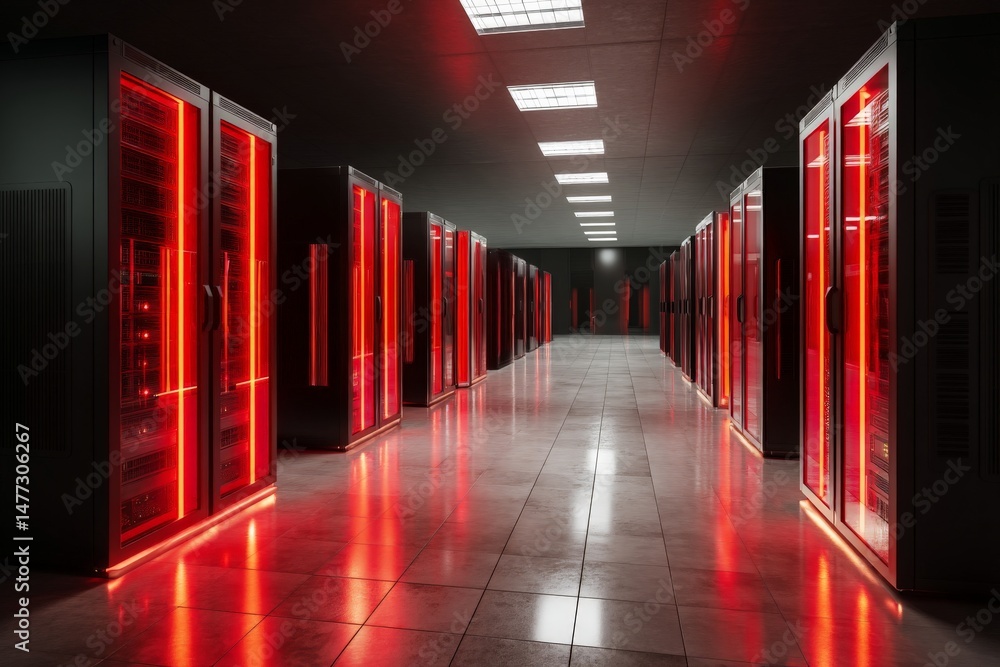 Poster data center with illuminated server racks showcasing advanced technology at night