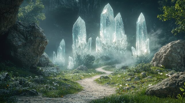 Mystical fantasy landscape where giant crystal trees illuminate winding paths through a valley of mist