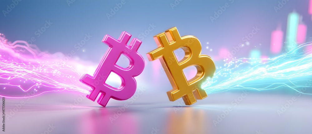 Poster two colorful bitcoin symbols collide with dynamic electric energy, representing digital currency and