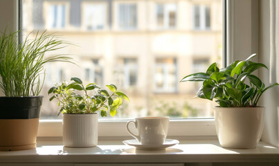 Fototapeta premium Cup of coffee and plants by window offer peaceful, relaxing feeling