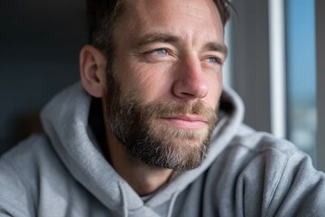 Fototapeta premium A close-up of a man with a beard, gazing thoughtfully out of a window, capturing a moment of contemplation and depth, with natural light highlighting his features.
