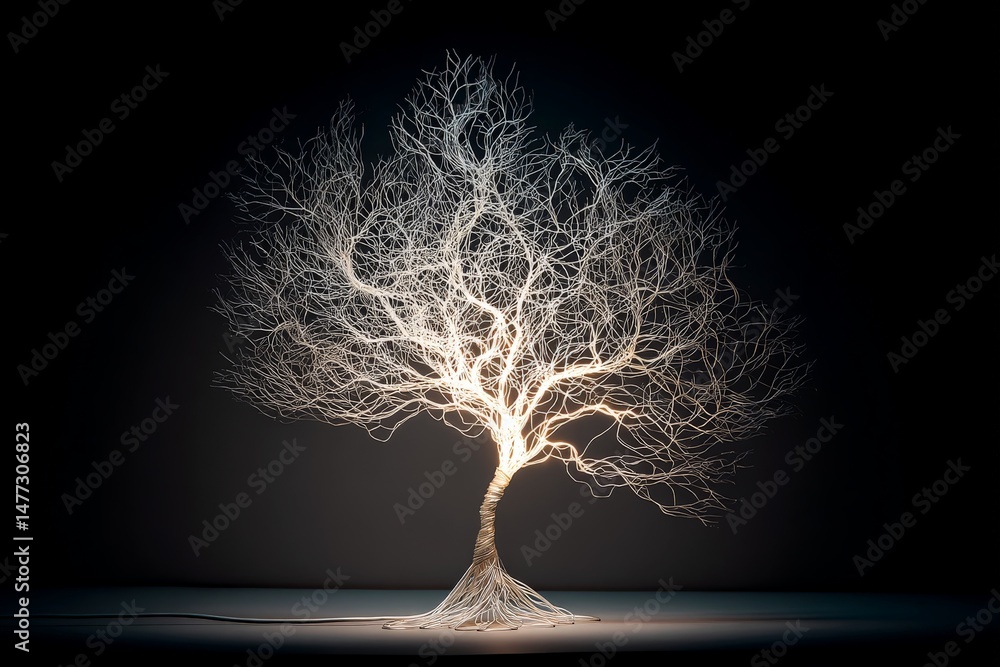 Poster intricate light tree design illuminates dark space with ethereal branches during an art exhibition