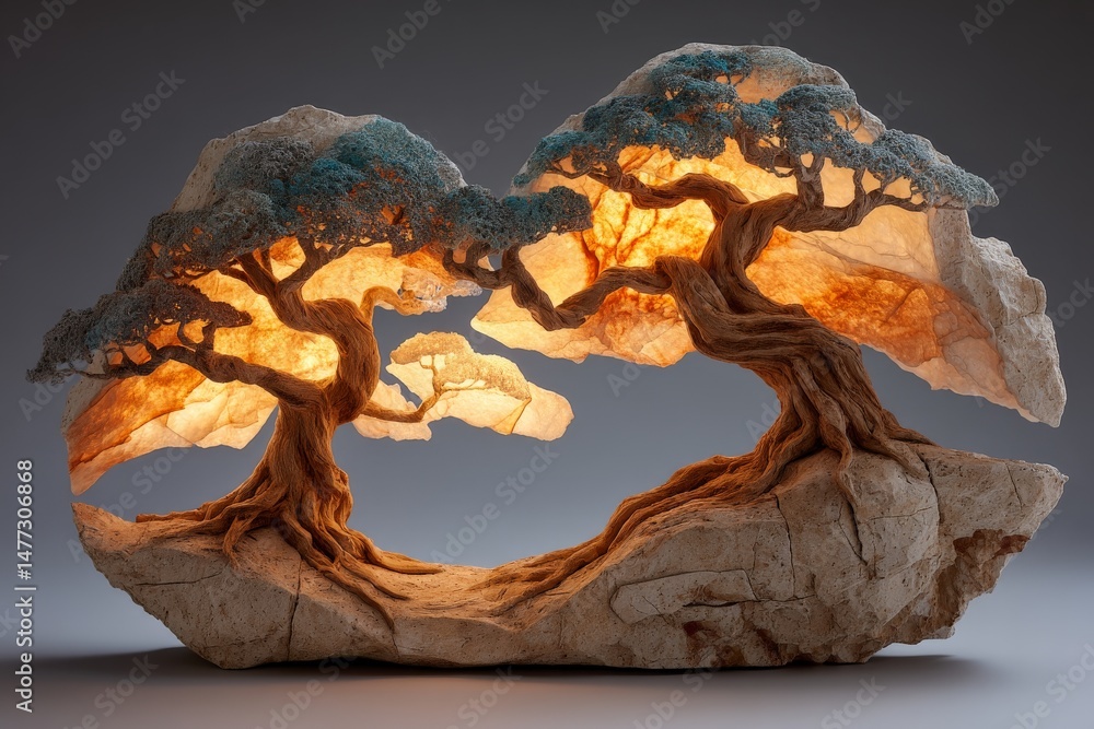 Aufkleber beautifully crafted illuminated sculpture of two trees on a rock base showcasing artistry and creati