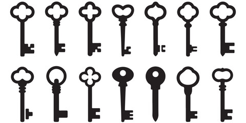 Collection of black vector various Keys Silhouettes, 