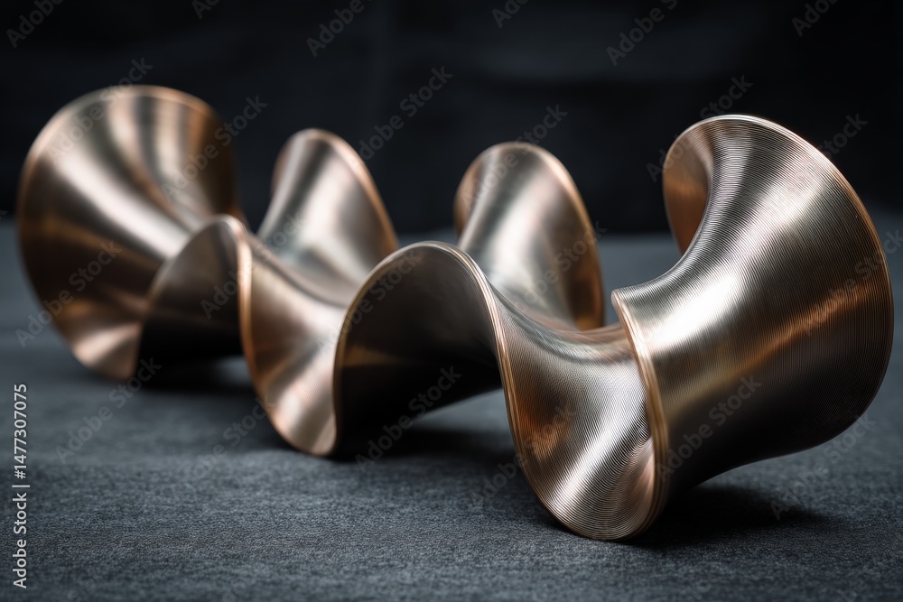 Poster Artistic metallic sculpture showcasing fluid curves and reflections in a minimalist setting