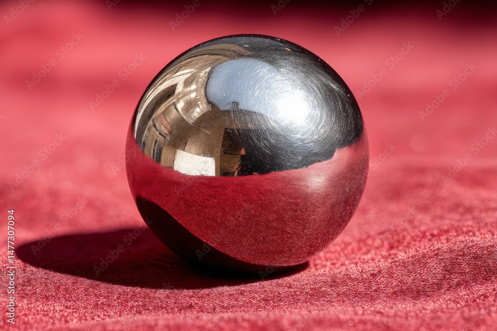 Poster reflective metal sphere on red fabric showcasing intricate reflections and textures in bright lighti