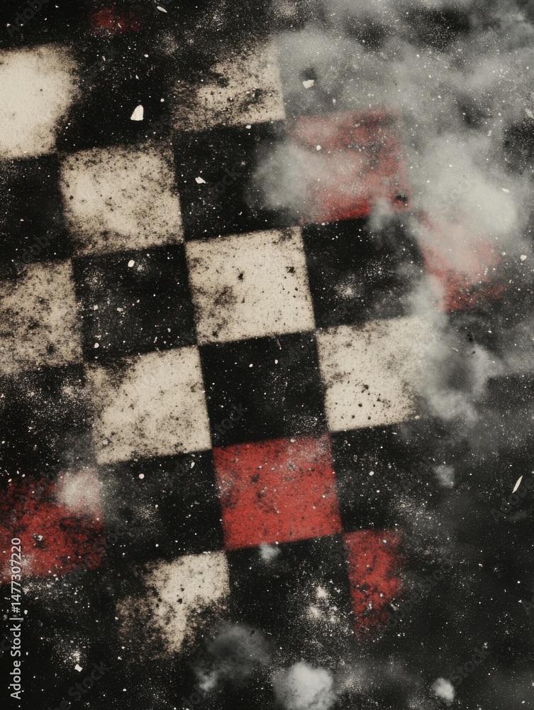 Aufkleber grungy checkered pattern background texture with red accents and dust particles abstract art style c