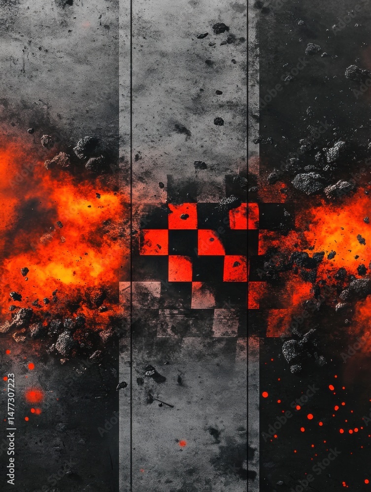 Poster abstract composition of fire and checkerboard pattern on grunge texture background, artistic express