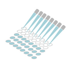 The samples were dropped from pipette tip to the well of 96-well plate with multi-channel of Autopipette or Micropipette for testing or diagnosis something, the picture represented in icon concept.