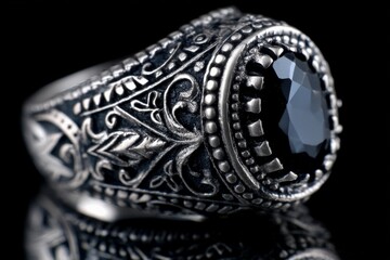 Elegant silver ring with intricate designs and a striking black gemstone displayed against a dark background