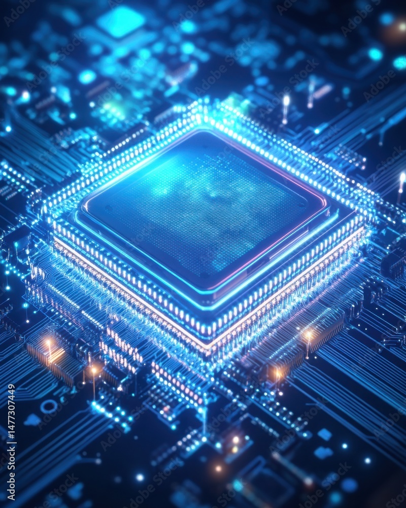 Poster close-up of a glowing computer chip on a motherboard, high-angle view, showing intricate circuitry a