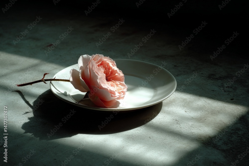 Poster Delicate pink rose placed on a simple plate with soft shadows and light patterns