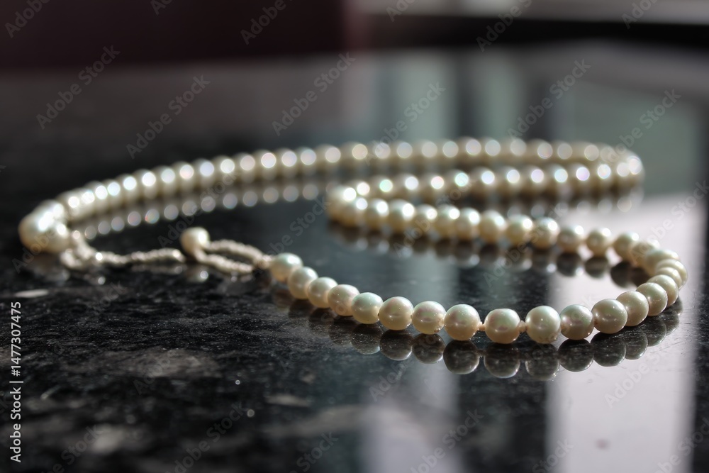 Aufkleber elegant pearl necklace resting on a dark marble surface illuminated by soft light in a serene indoor