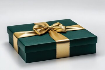 Green gift box with golden ribbon isolated on white background. use cases: present, celebration.