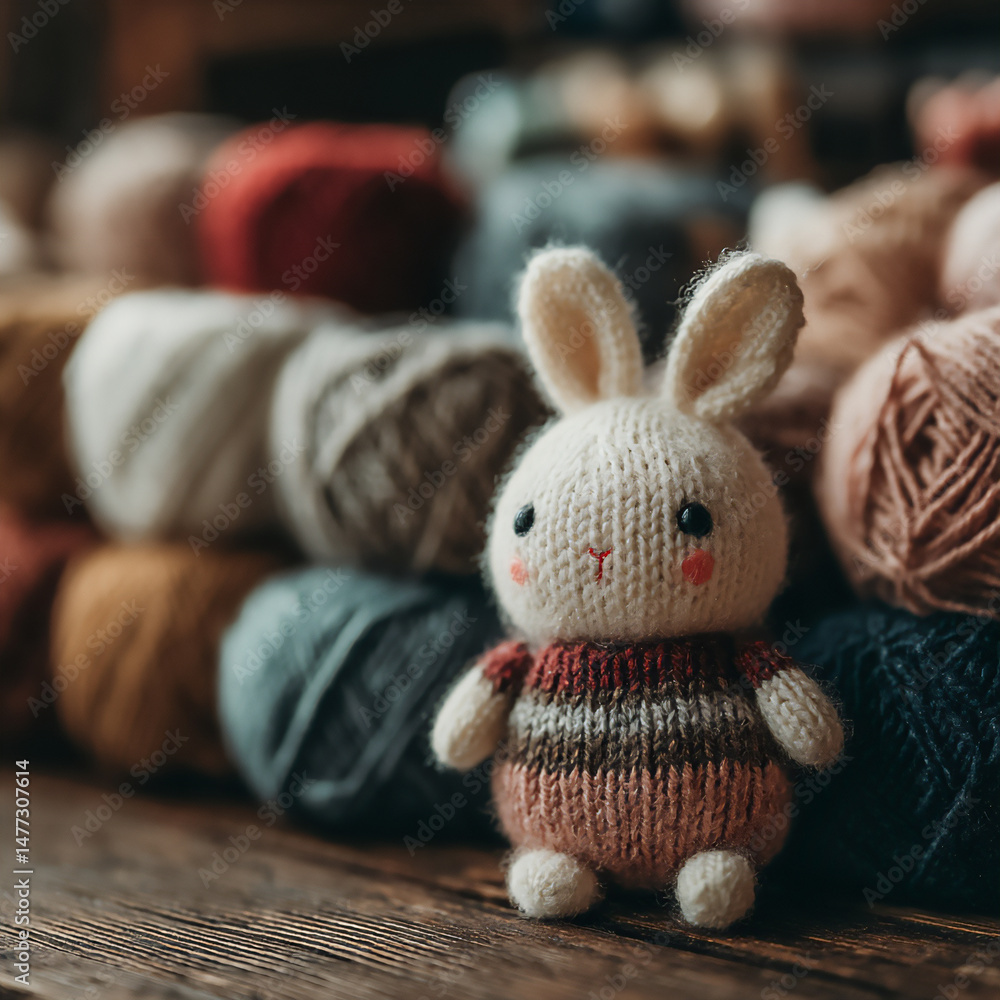 Poster an image showcasing a partially finished knitted bunny doll surrounded by different colored yarns an