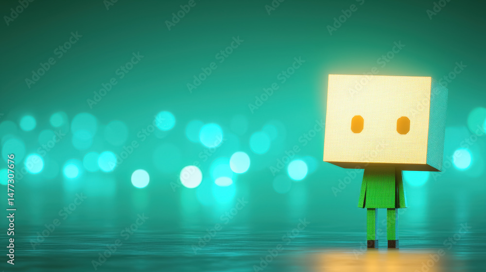 Poster small green figure character representing pixel art style with unique features and creative design e