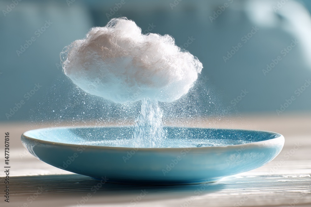 Poster unique artistic representation of cloud formation with water droplets in a blue plate setting