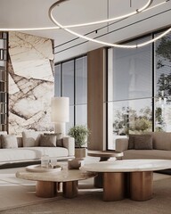 Modern living room with mezzanine 3d rendering image.There are wooden floor decorate wall with groove.furnished with brown fabric furniture.There are large windows look out to see the nature