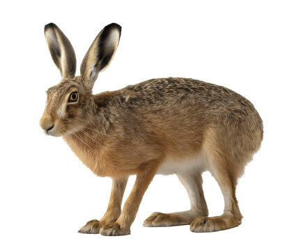 Brown hare in a natural pose with alert expression for educational use on a transparent background, cut out