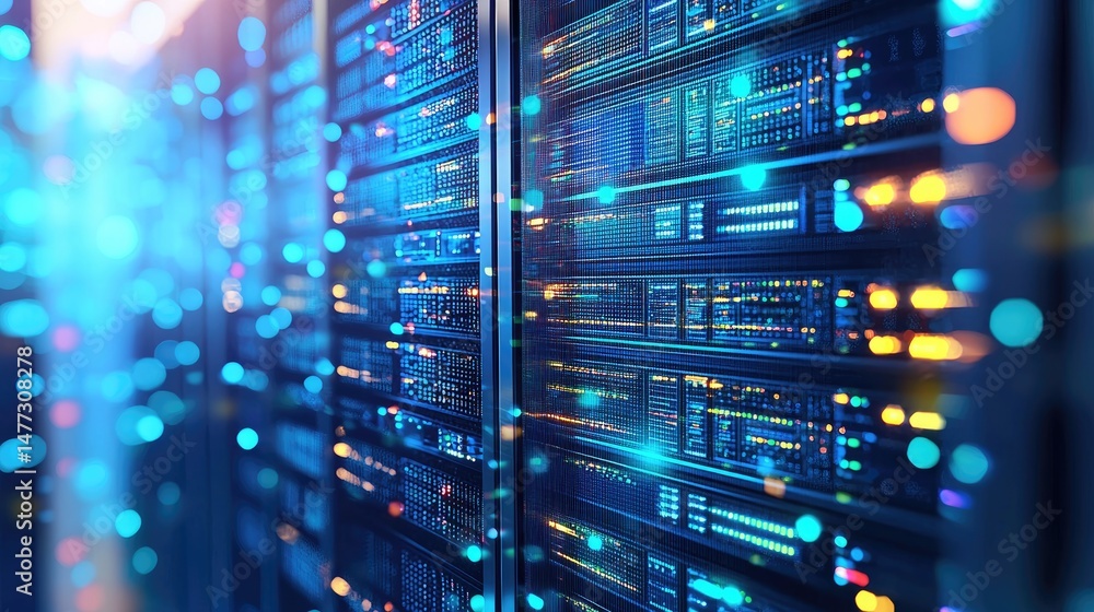 Poster High-tech server room with glowing data racks and dynamic blue light effects, ideal for technology blogs, IT infrastructure content, and cloud computing visuals