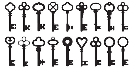 Collection of black vector various Keys Silhouettes, 