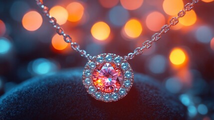 Sparkling diamond pendant necklace on dark background with bokeh lights.