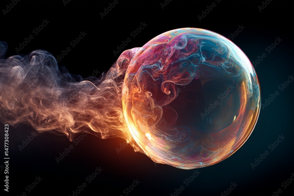Poster colorful soap bubble drifting through swirling smoke in a dark environment during an artistic displa