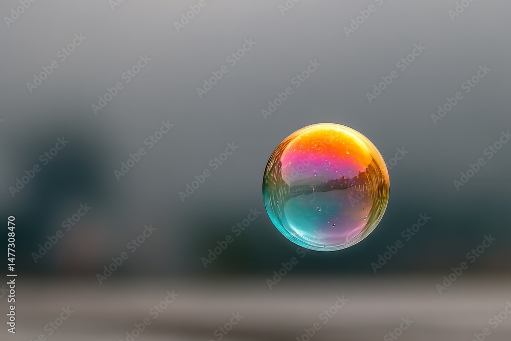 Poster Colorful soap bubble floating on a gray background during a cloudy day